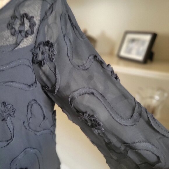 Madison Leigh Dress Black Sheer Top Swirls Ruffled Tiered Sleeves Midi- 8 - Picture 7 of 10